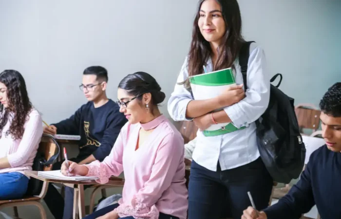 a student walking into class